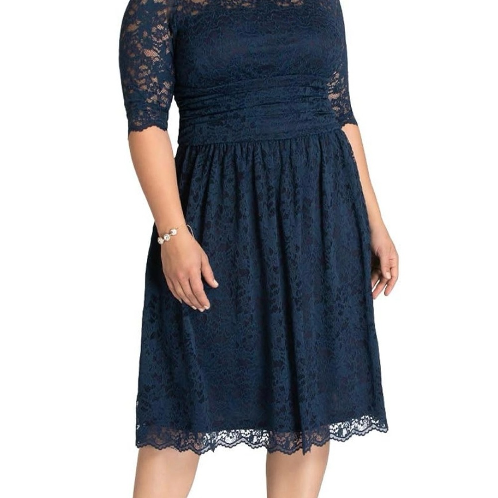Kiyonna Blue Smocked Midi Dress with Ruffled 3/4 Sleeves